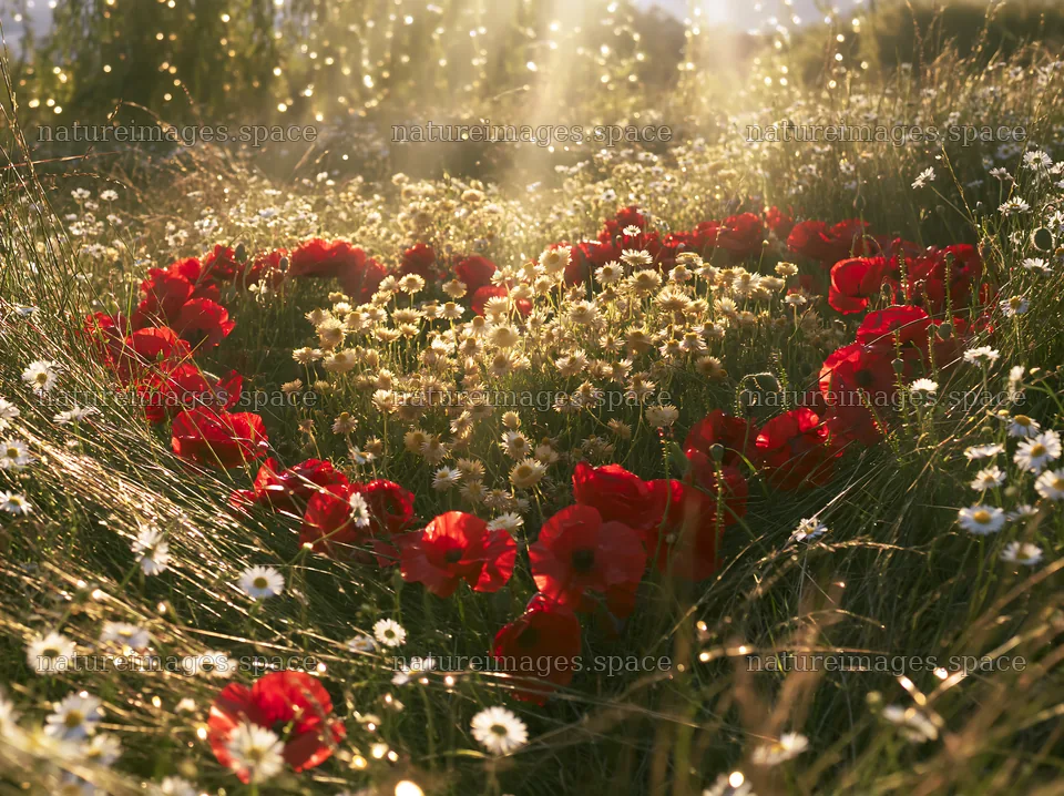 Meadow with Christmas lights and sunbeams shining through clouds – nature images 9174x6866