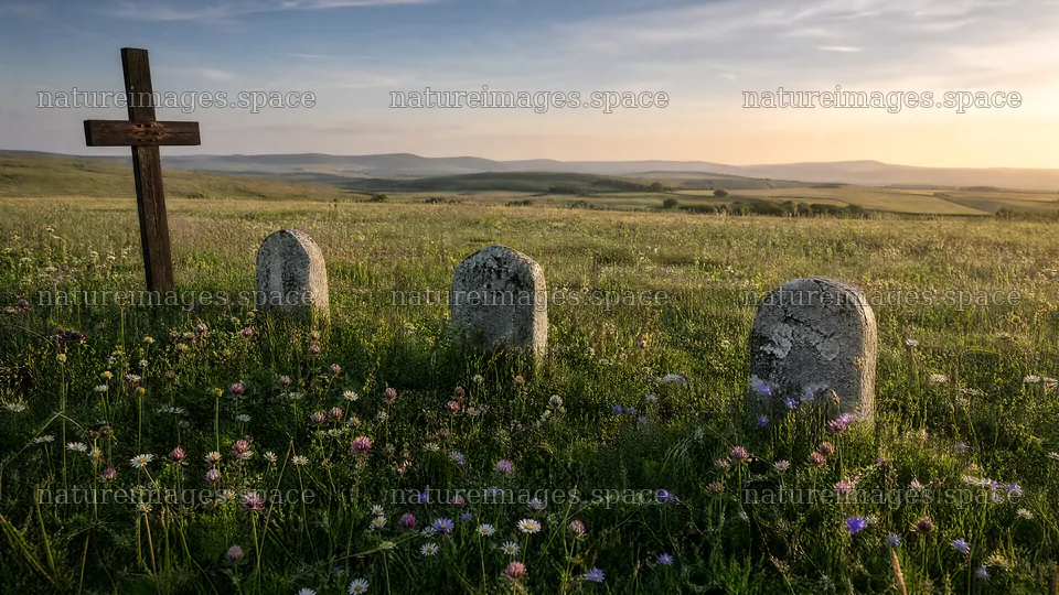 Wooden Christian cross in meadow at sunrise with light rays – nature images 10584x5952