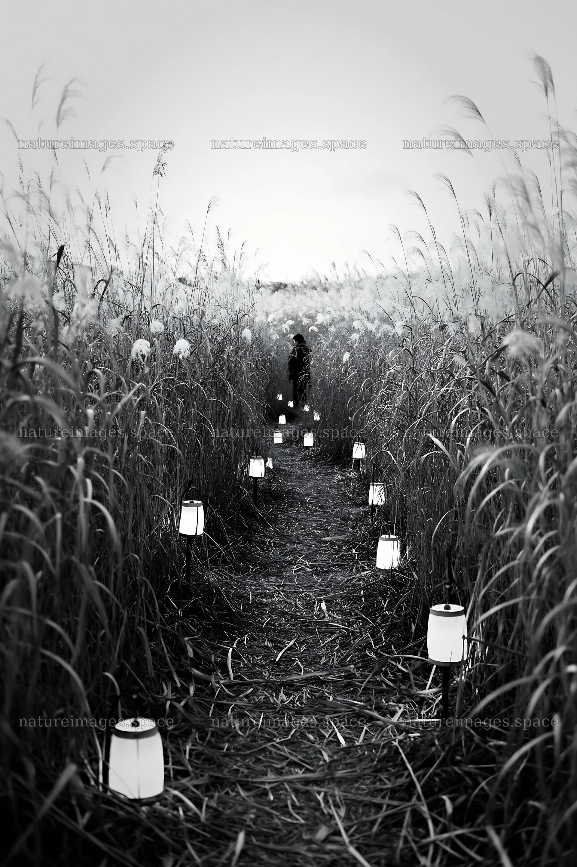 Lanterns illuminate a path through tall grass in a meadow – nature images 6480x9722