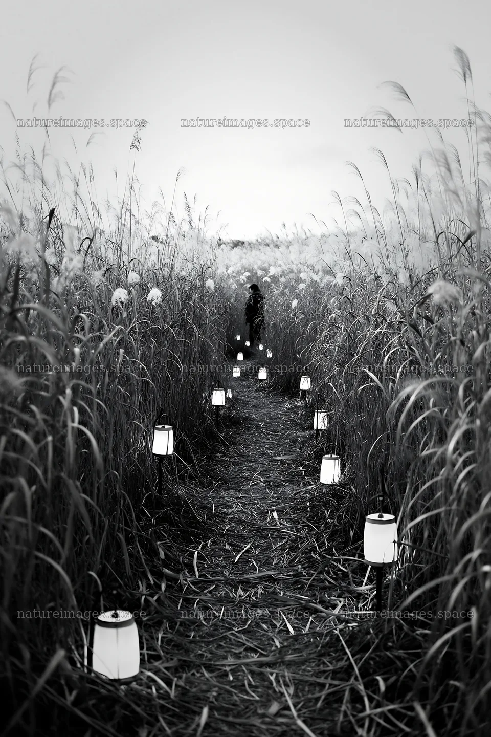 Lanterns illuminate a path through tall grass in a meadow – nature images 6480x9722