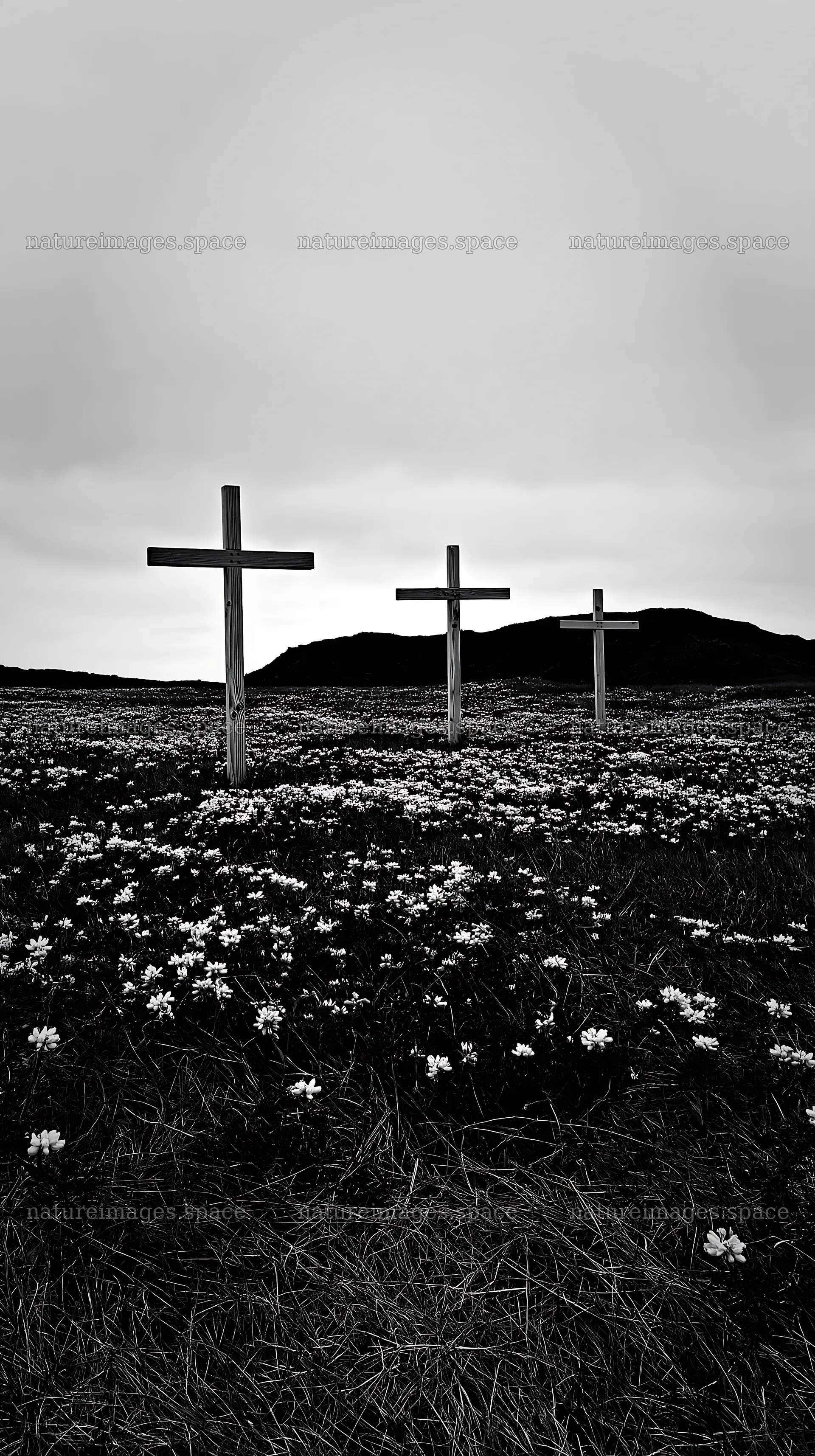 Christian crosses among yellow flowers in a meadow – nature images 5938x10608
