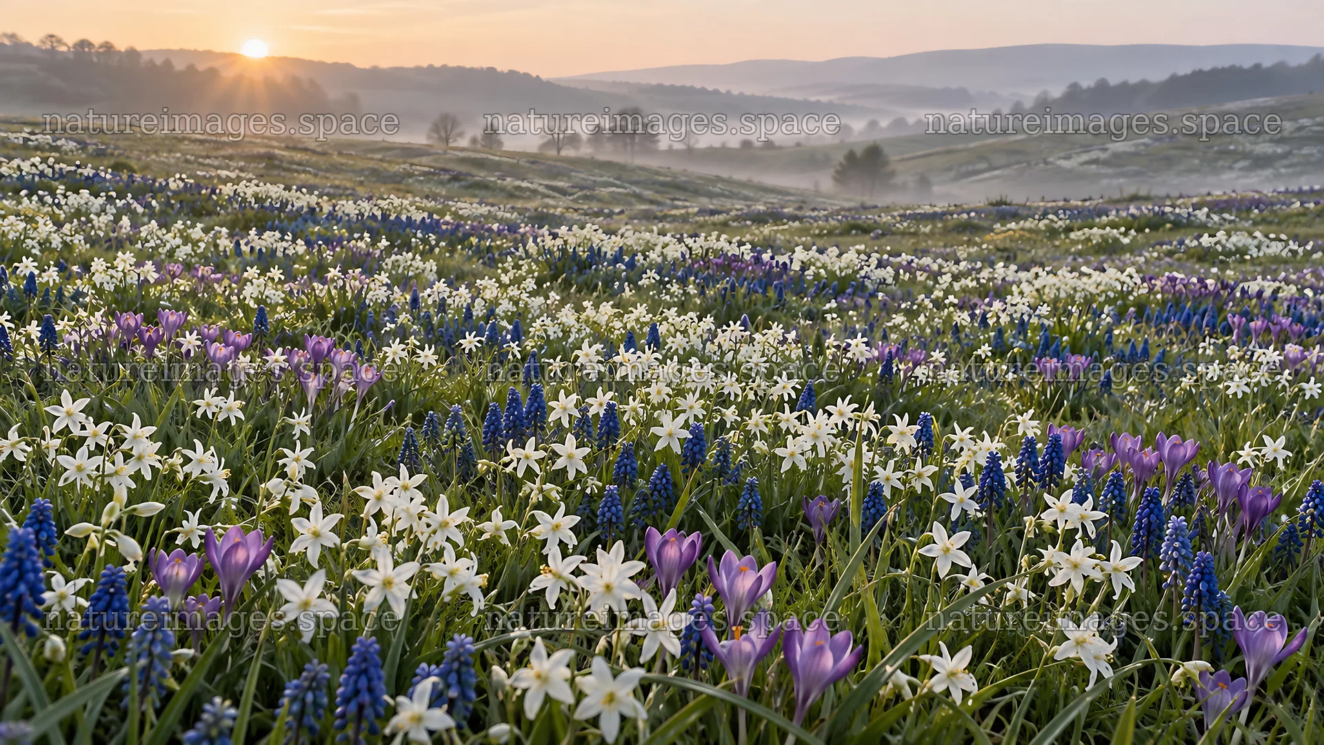 Spring Bulbs Across a Misty Meadow – nature images 10324x5812