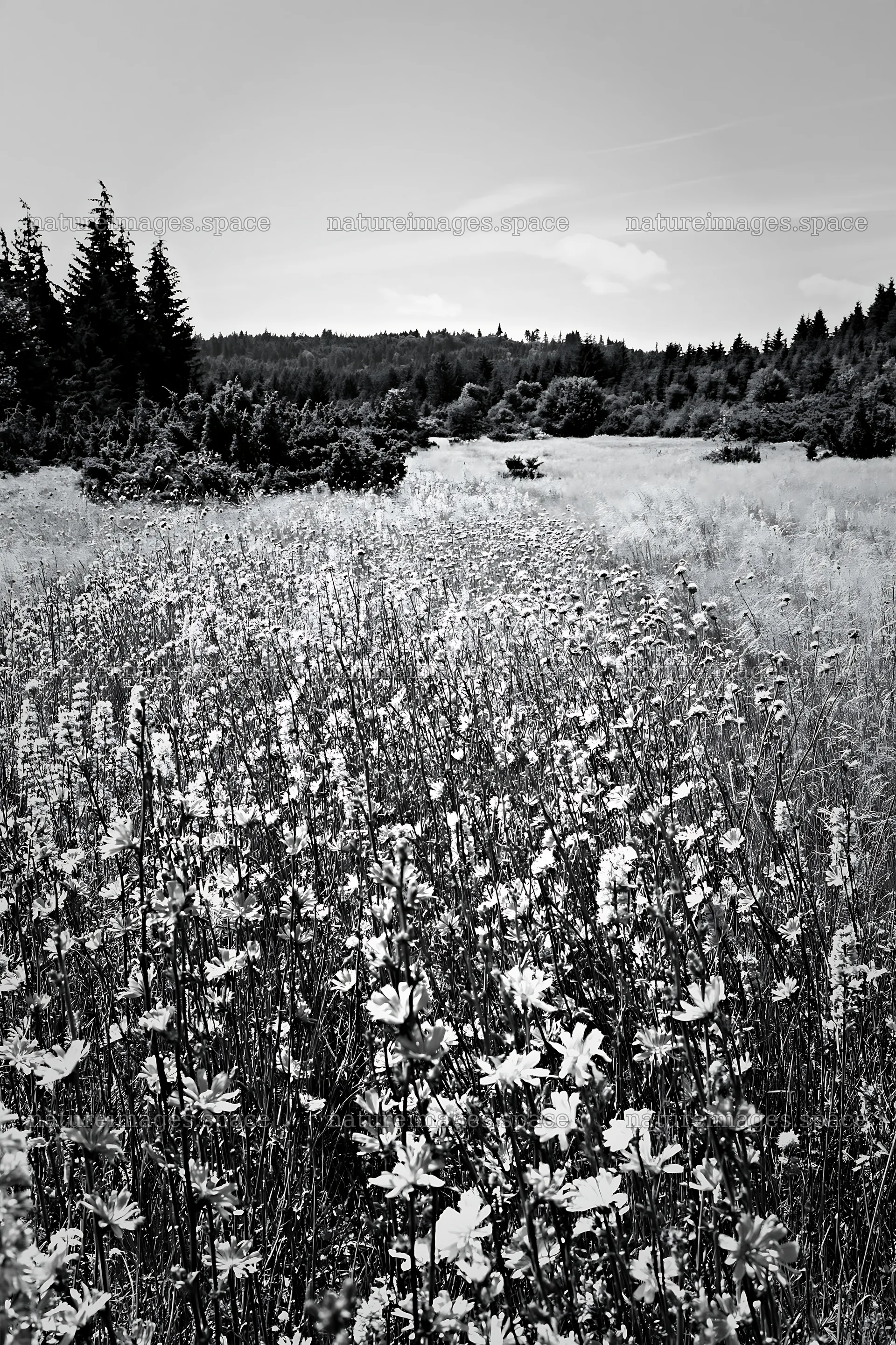 Sainfoin chicory meadow with wildflowers in black and white – nature images 6480x9722