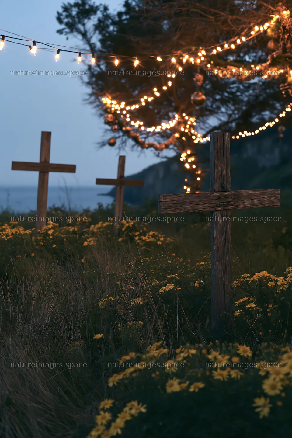 Christian crosses in a meadow of yellow flowers at dusk – nature images 6480x9722