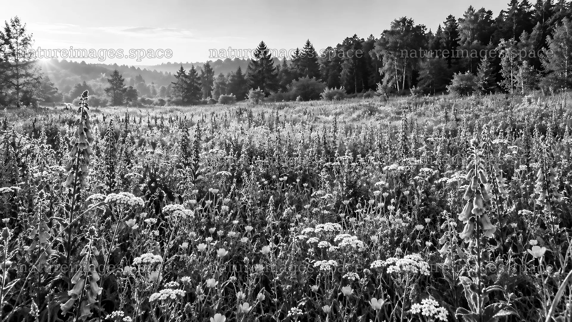 Monochrome Wildflower Meadow by a Forest – nature images 10324x5812