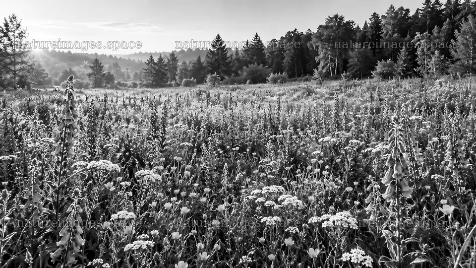 Monochrome Wildflower Meadow by a Forest – nature images 10324x5812