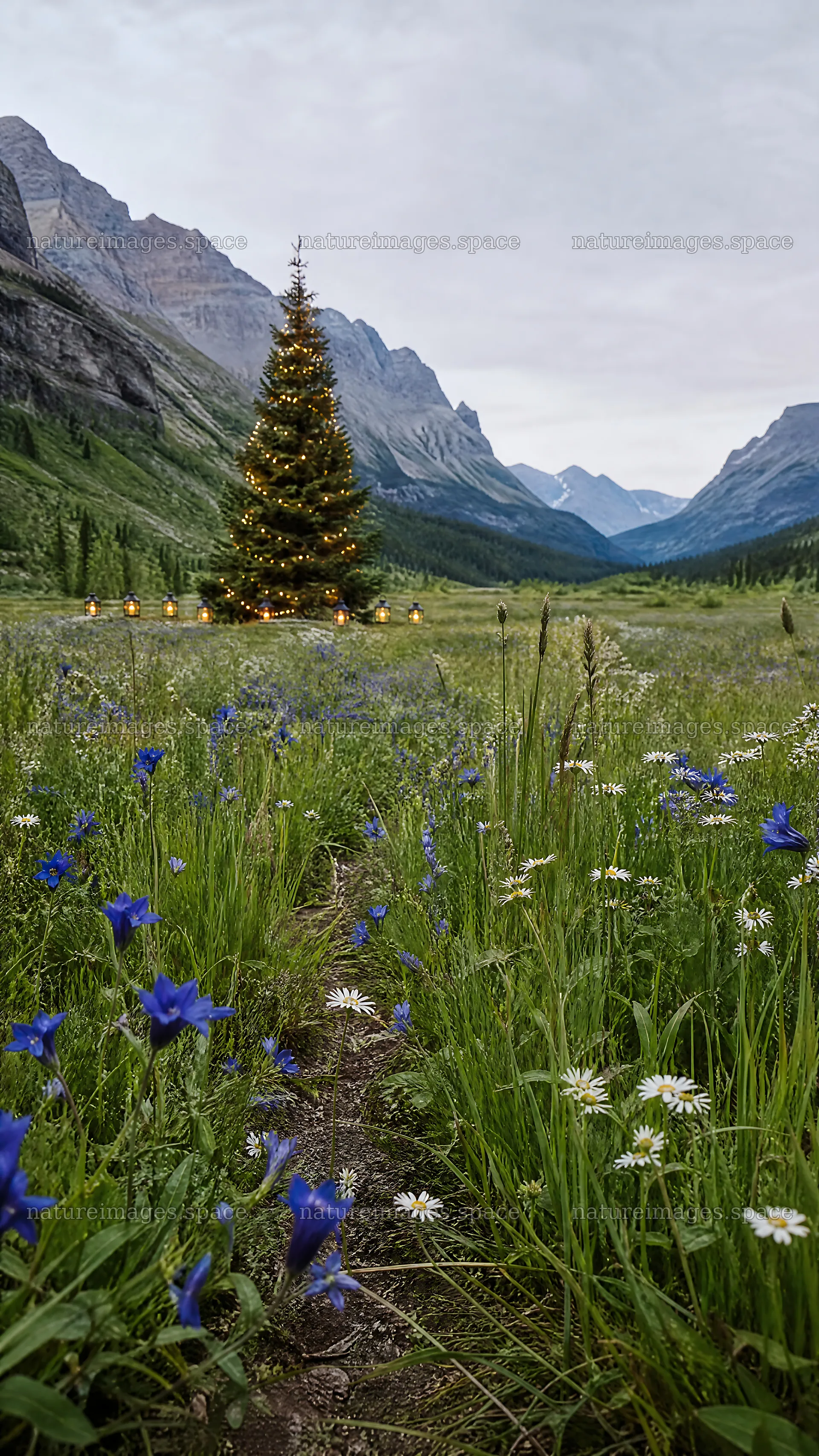 Decorated Christmas tree in mountain valley meadow landscape – nature images 5952x10584