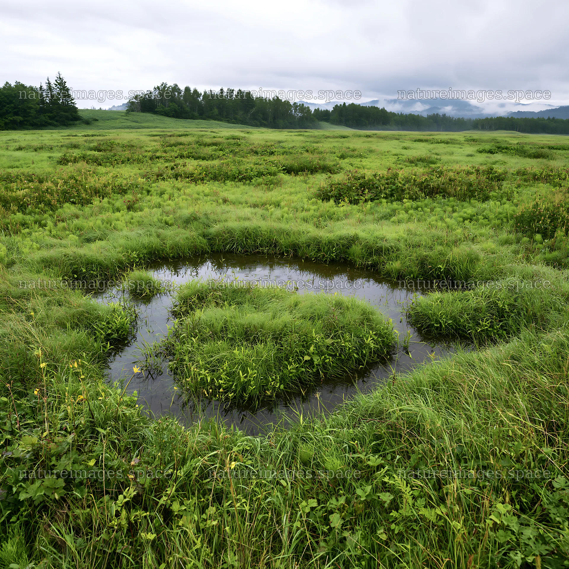 Expansive Hokkaido restoration meadow with dewdrops – nature images 7938x7938