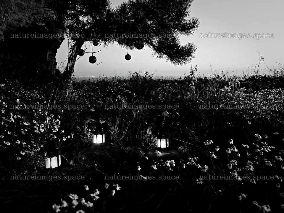 Christmas lanterns in meadow by cave at dusk – nature images 9174x6866