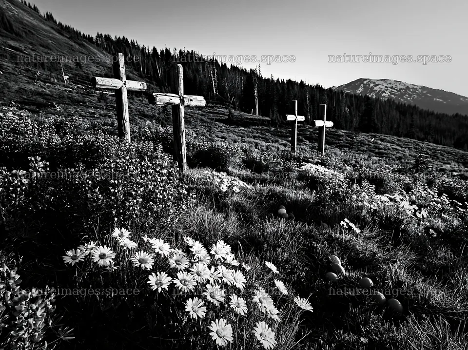 Christian crosses beside mineral spring meadow landscape – nature images 9174x6866