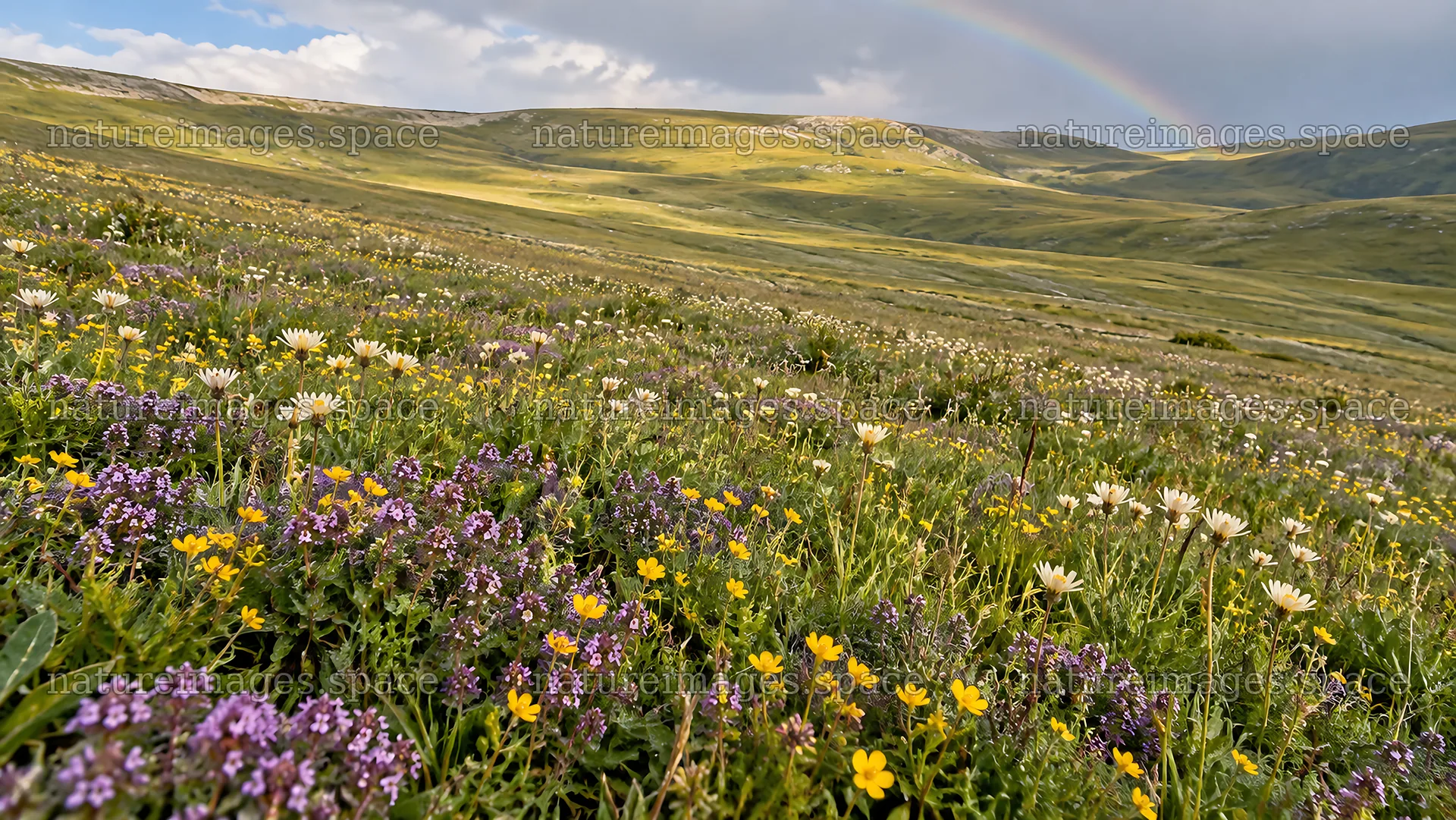 Wildflowers in a Sunlit Rolling Hillside Meadow – nature images 10324x5812
