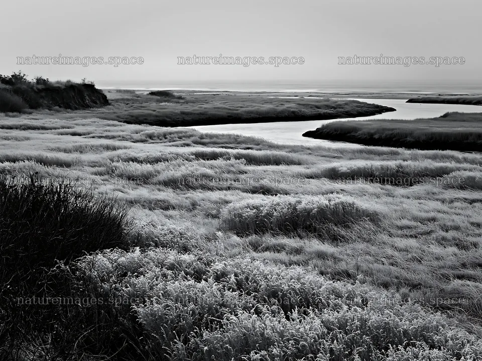 Frosty coastal meadow with frozen grasses and water body – nature images 9174x6866