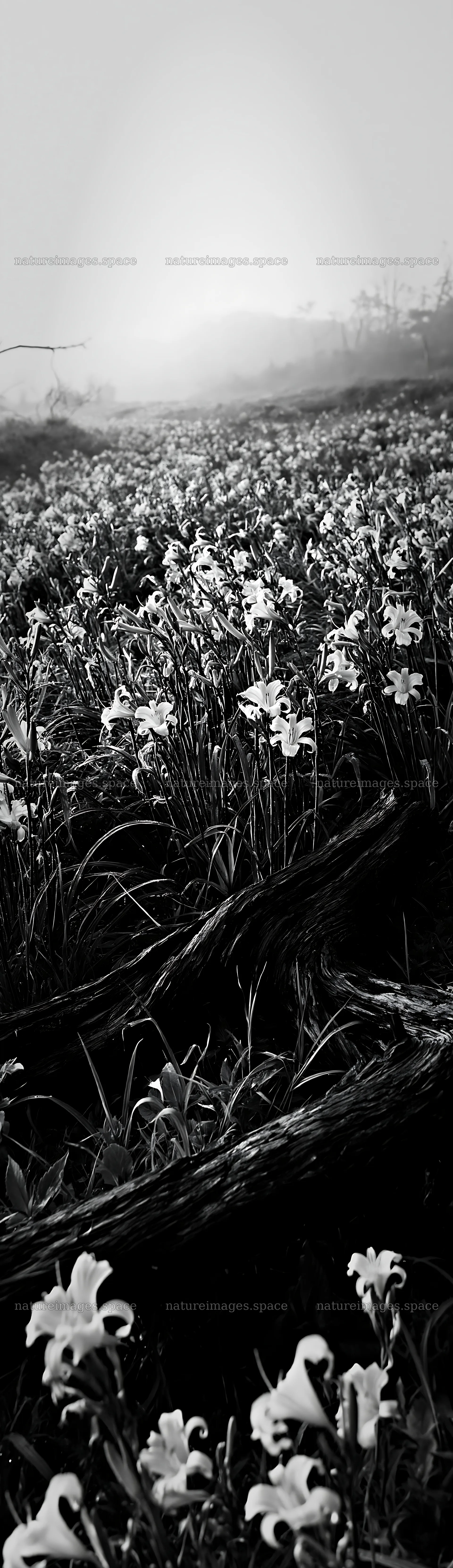 Yamagata rewilded meadow with fallen branch and flowers – nature images 4268x14762