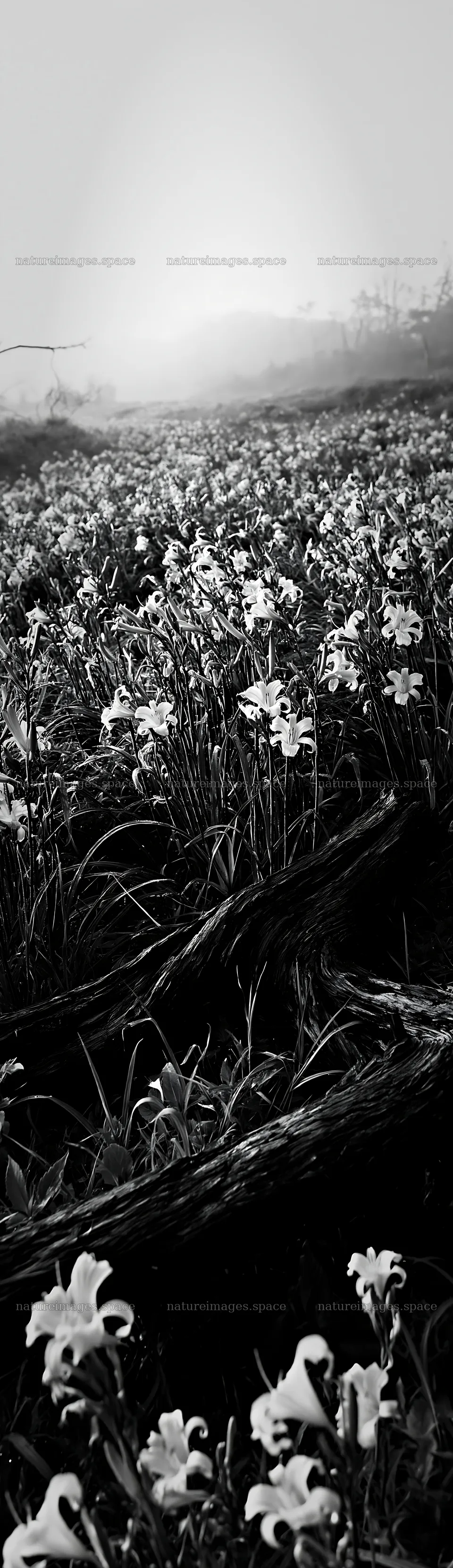 Yamagata rewilded meadow with fallen branch and flowers – nature images 4268x14762