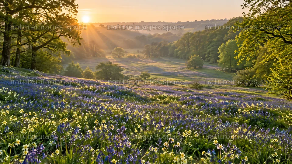 Sunbeams over a Flower-Filled Forest Clearing – nature images 10324x5812