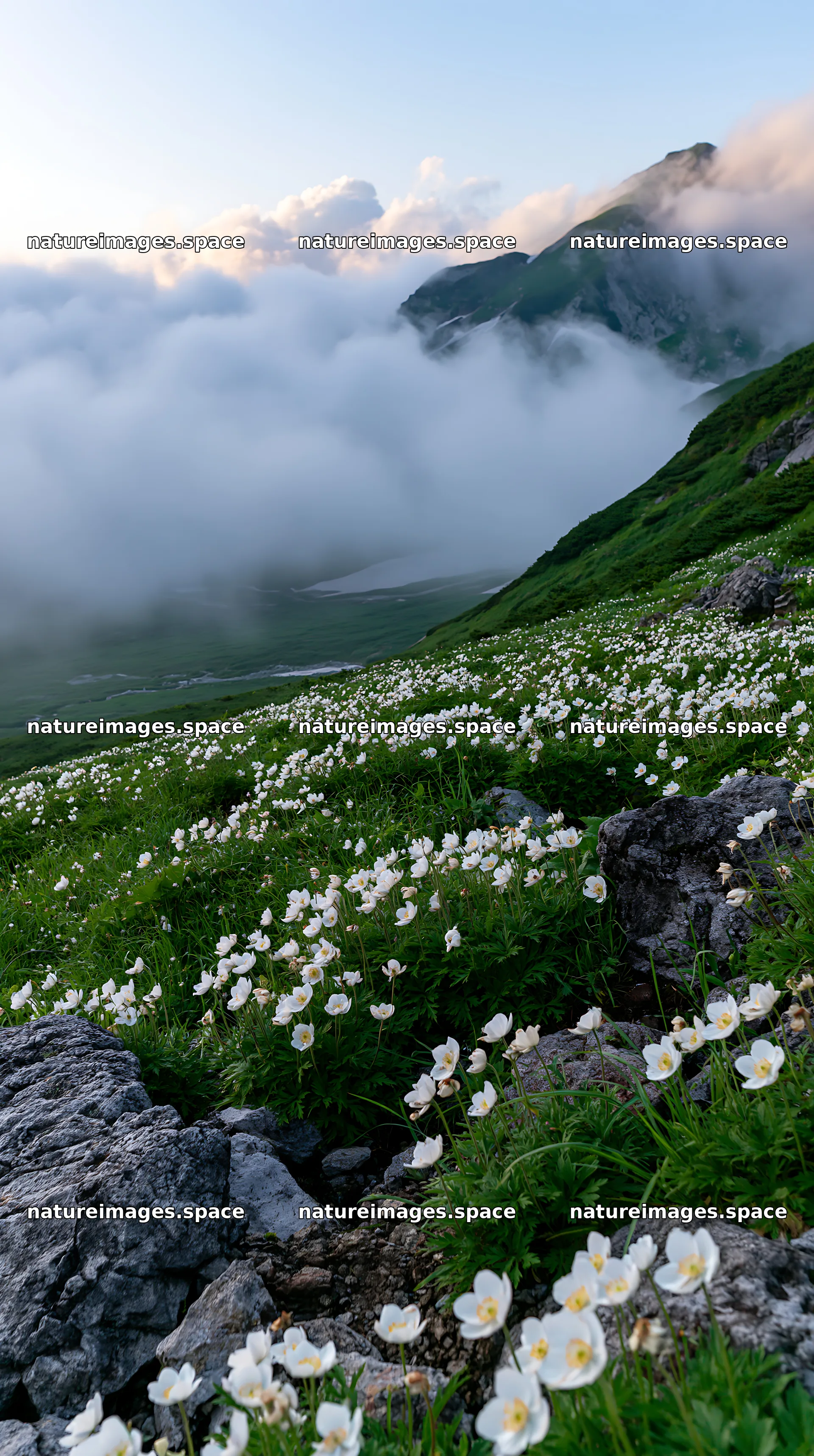 Toyama alpine meadow snowmelt rock foreground with flowers – nature images 5938x10608