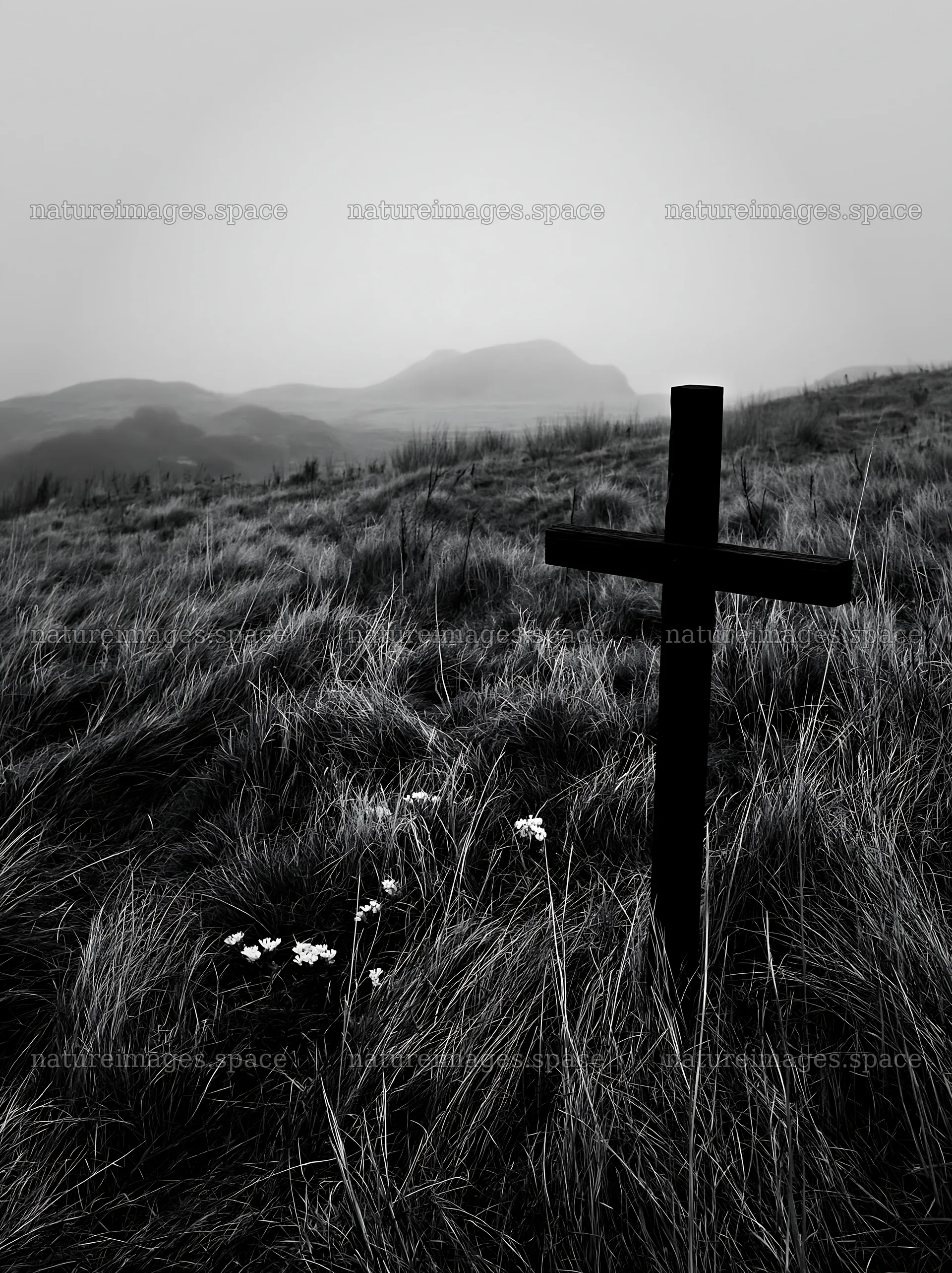 Christian cross in winter meadow grasses on a gray day – nature images 6866x9174