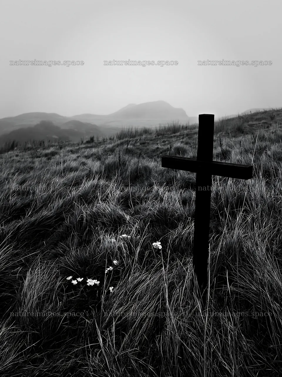 Christian cross in winter meadow grasses on a gray day – nature images 6866x9174