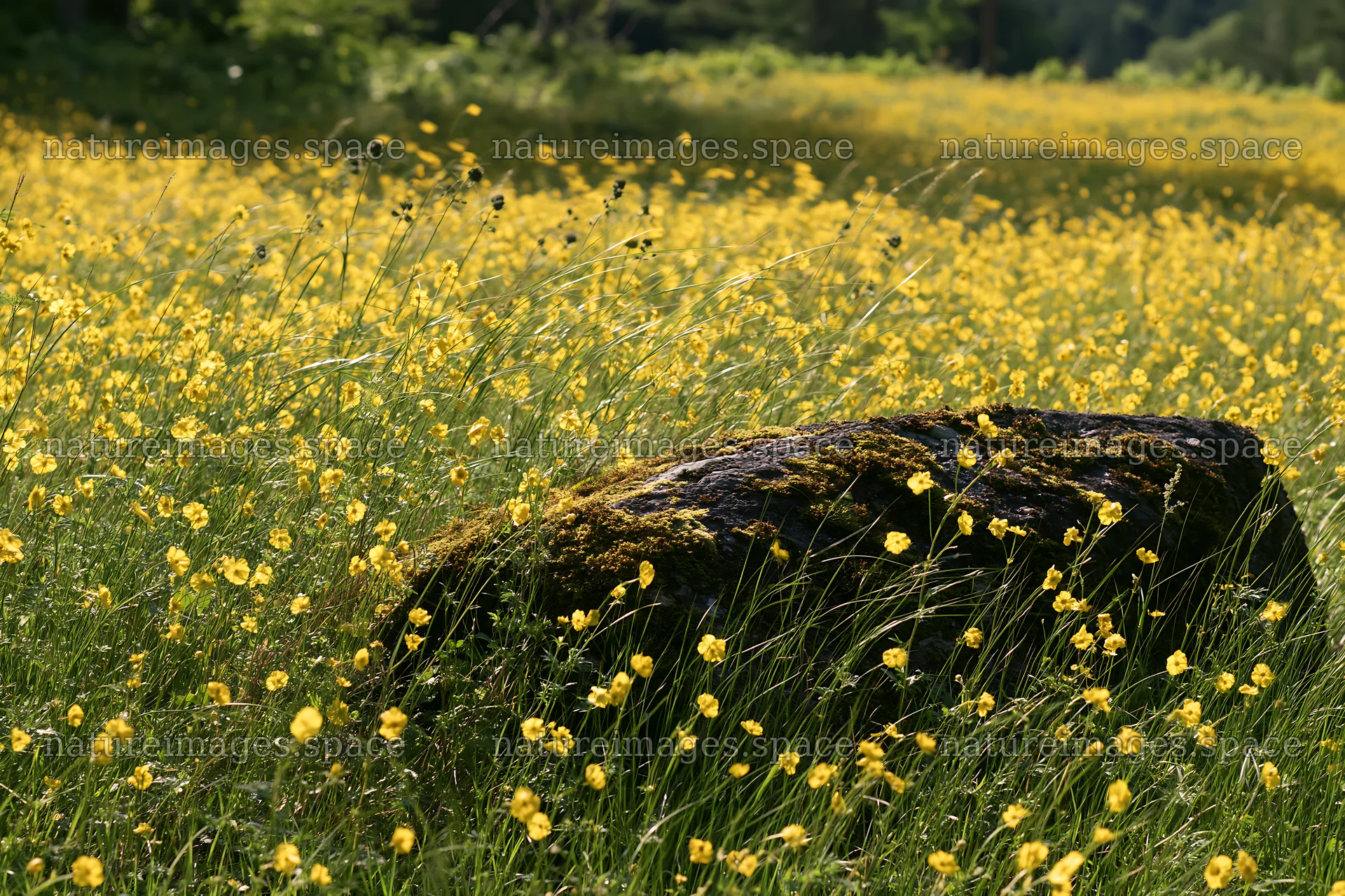 Miyagi spring recovery meadow with mossy stone and yellow flowers – nature images 9722x6480