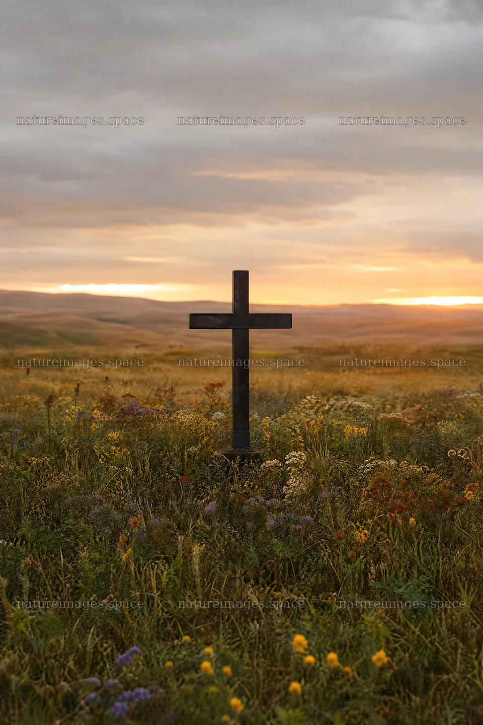 Christian cross in autumn meadow with sunlight – nature images 6480x9722