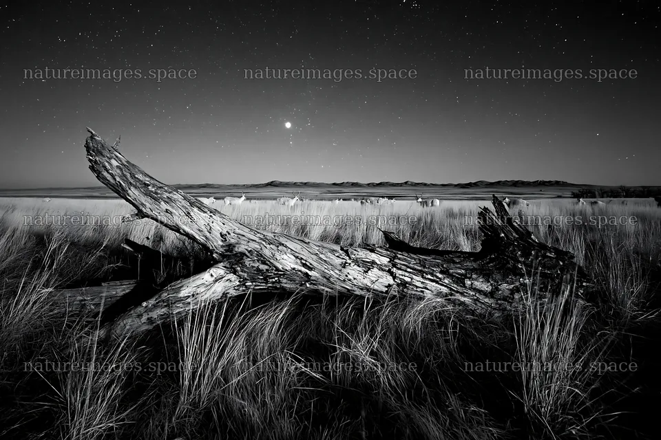 Weathered log in a meadow under stars – nature images 9722x6480