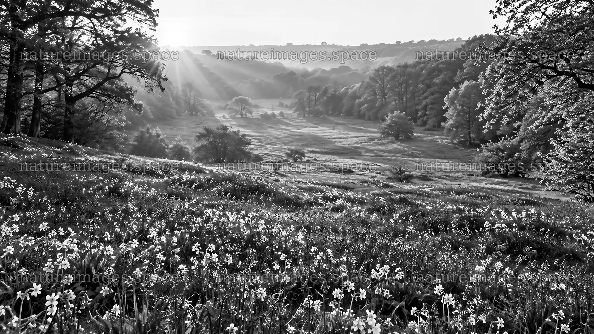 Sunbeams over a Wildflower Forest Clearing – nature images 10324x5812
