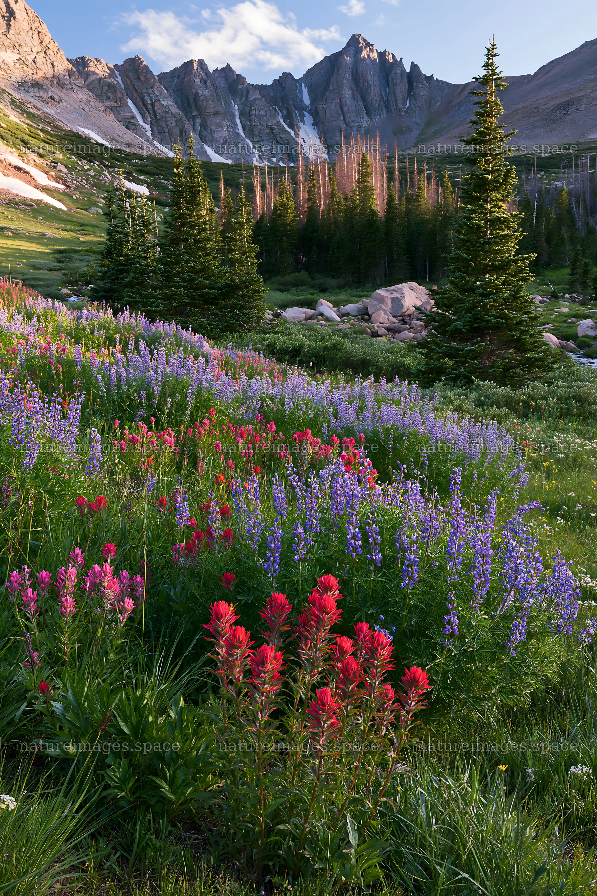 Paintbrush lupine meadow in mountain landscape – nature images 6480x9722