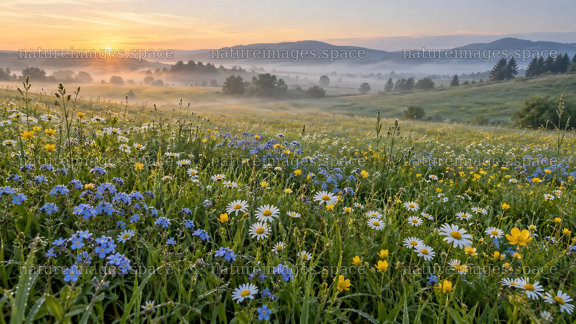 Wildflower Meadow at Sunrise in Morning Mist – nature images 10324x5812