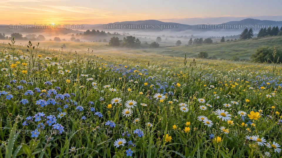 Wildflower Meadow at Sunrise in Morning Mist – nature images 10324x5812