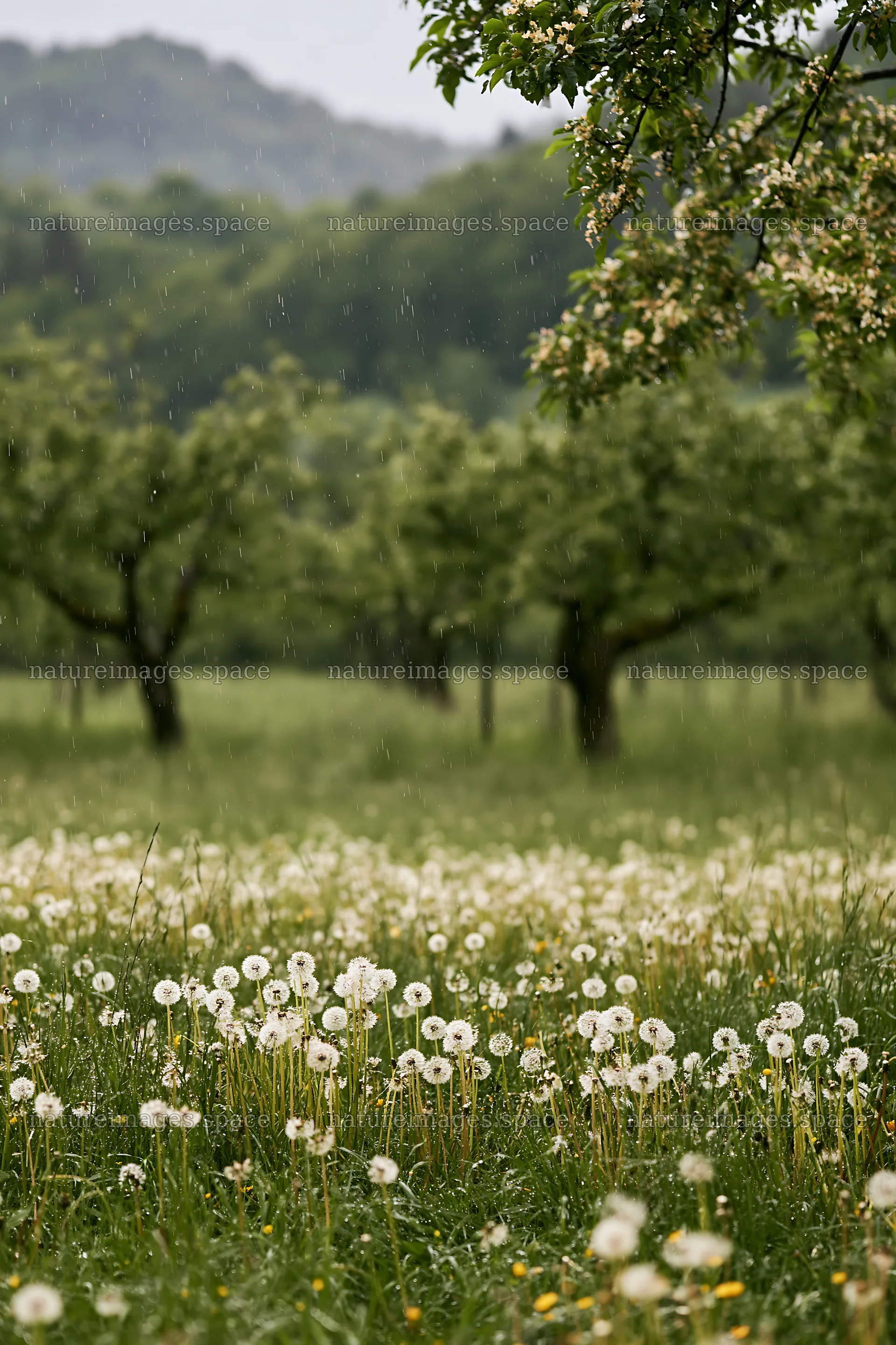 Dandelions in an orchard meadow during light rain – nature images 6480x9722