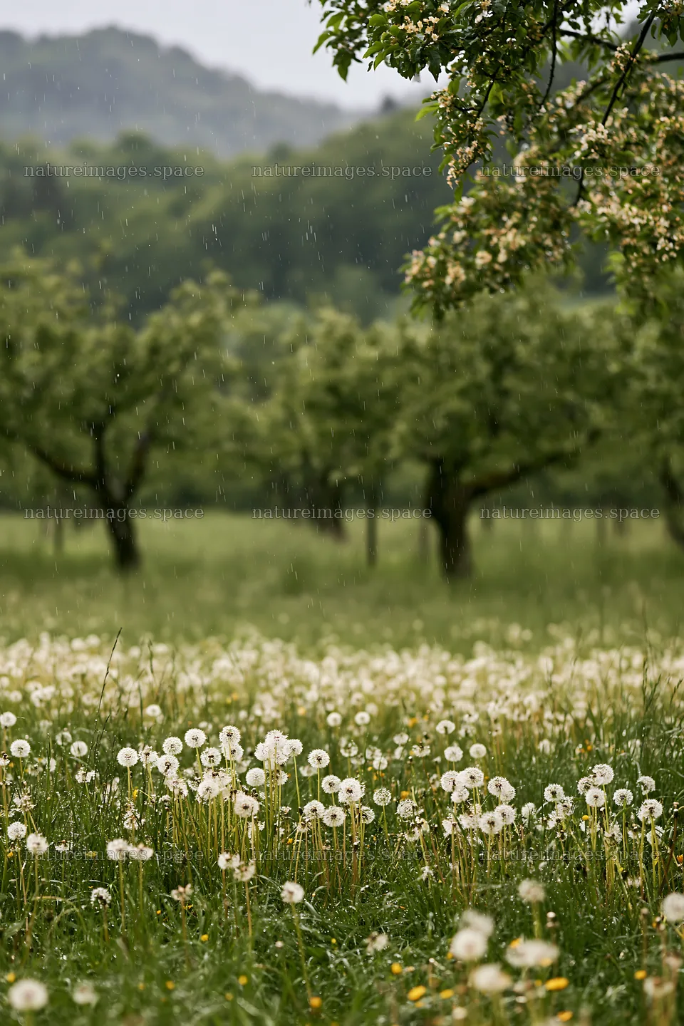 Dandelions in an orchard meadow during light rain – nature images 6480x9722