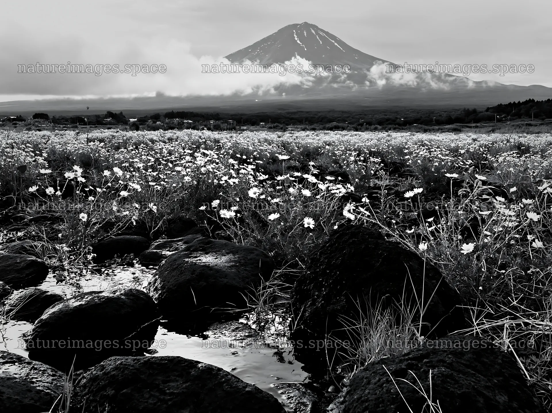 Yamanashi regenerative meadow with basalt stones and flowers – nature images 9174x6866