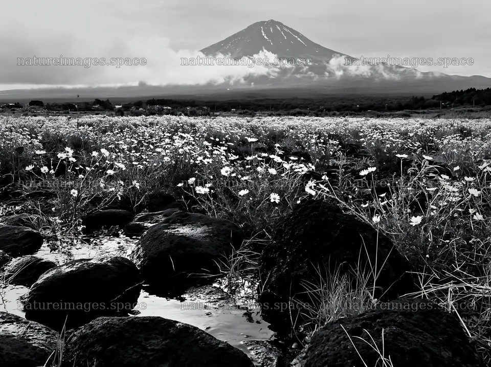 Yamanashi regenerative meadow with basalt stones and flowers – nature images 9174x6866
