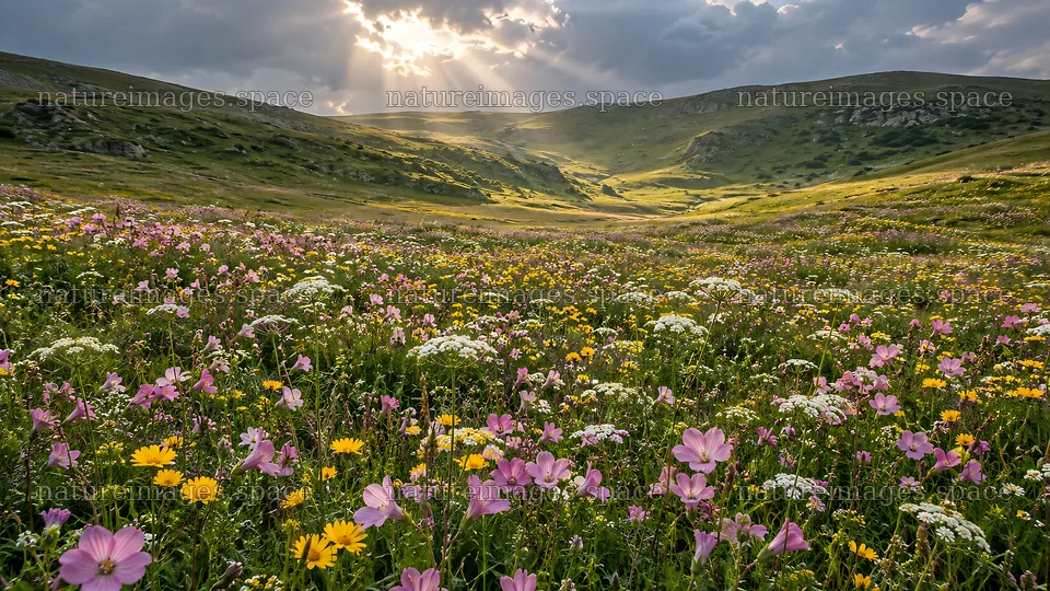 Wildflower Meadow Beneath Sunlit Hills – nature images 10324x5812