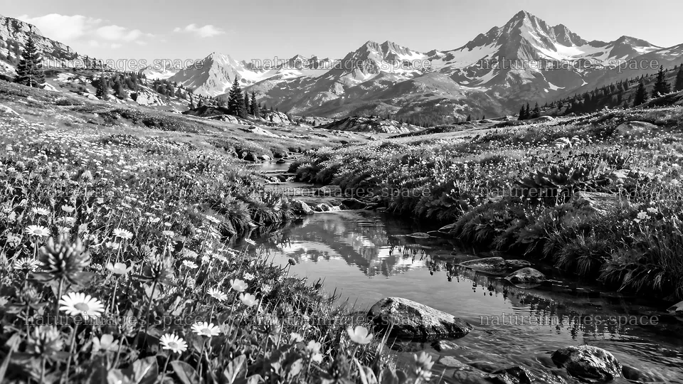 Monochrome Alpine Meadow and Snowy Peaks – nature images 10324x5812