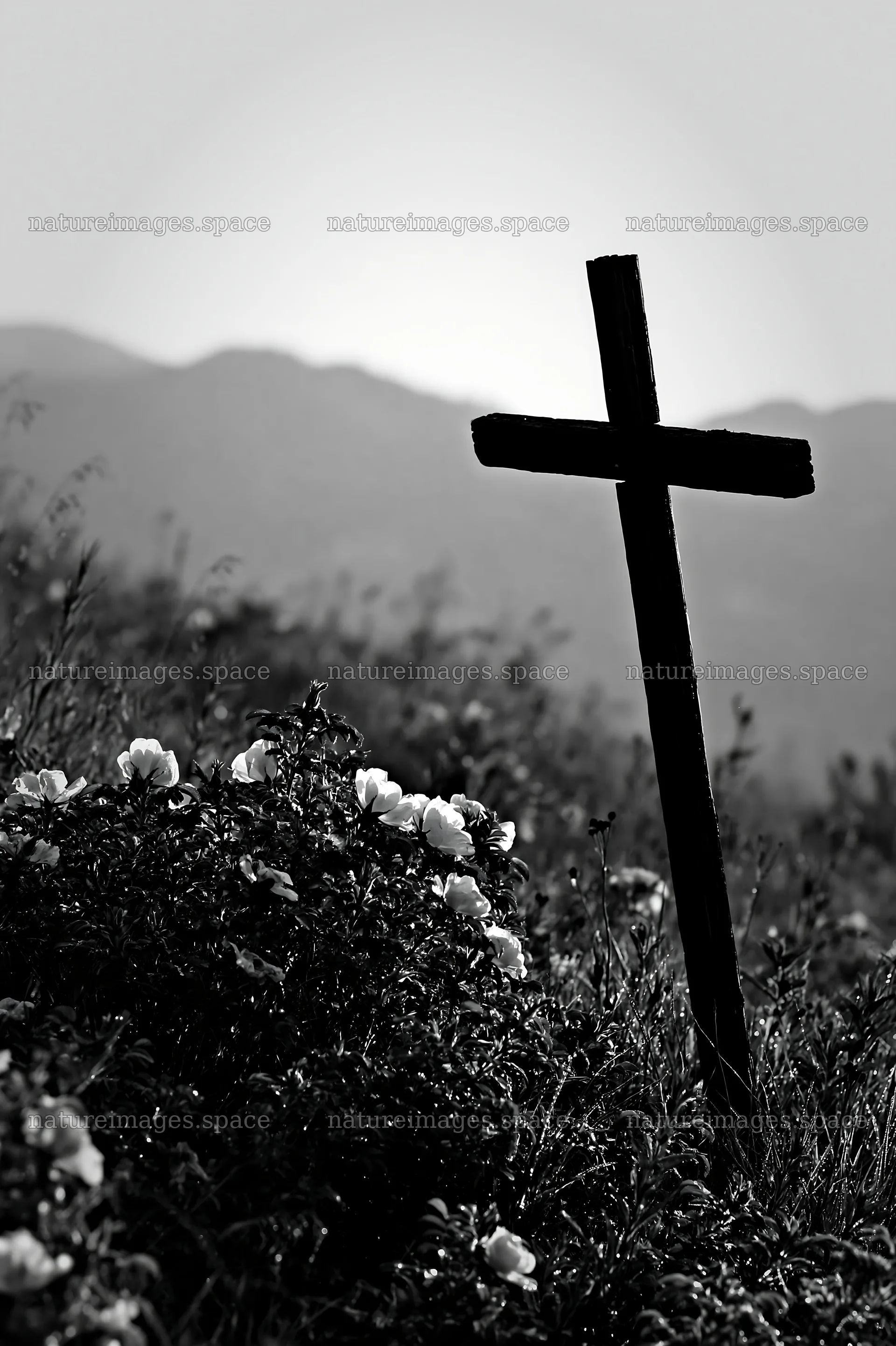 Christian cross in secluded mountain meadow – nature images 6480x9722