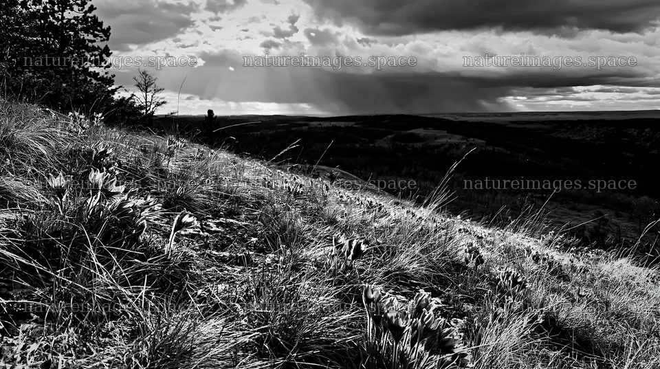 Cloudy pasque flower meadow on a limestone slope – nature images 10608x5938